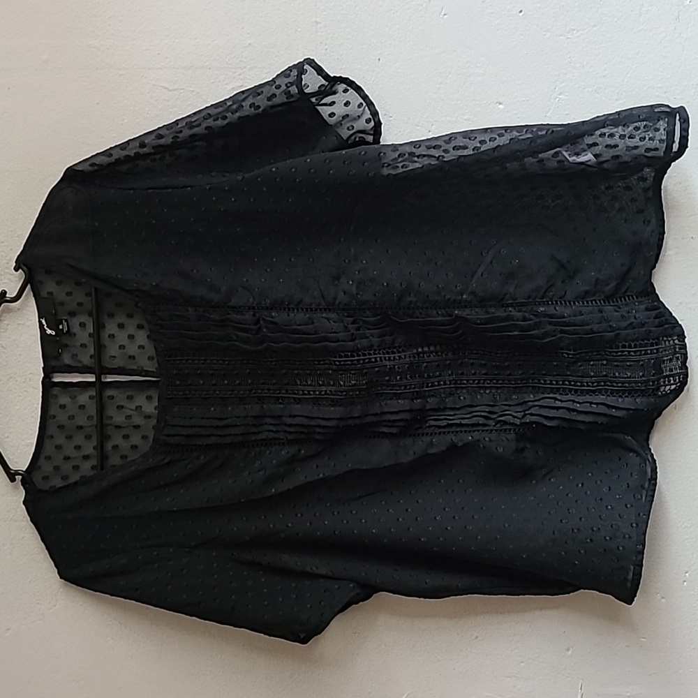 Womens XL black dot shirt semi sheer short sleeve lightweight pleated front CUTE